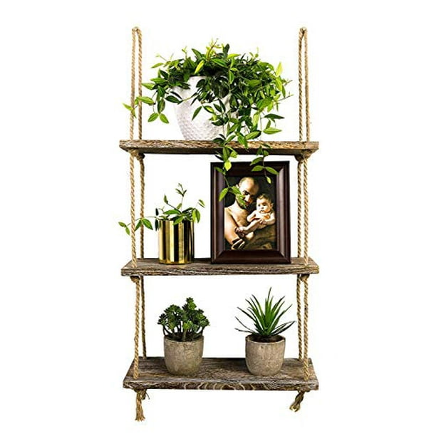 Wooden Hanging Rope Wall Mounted Floating Shelf Storage Rustic Plant Flower Pot、